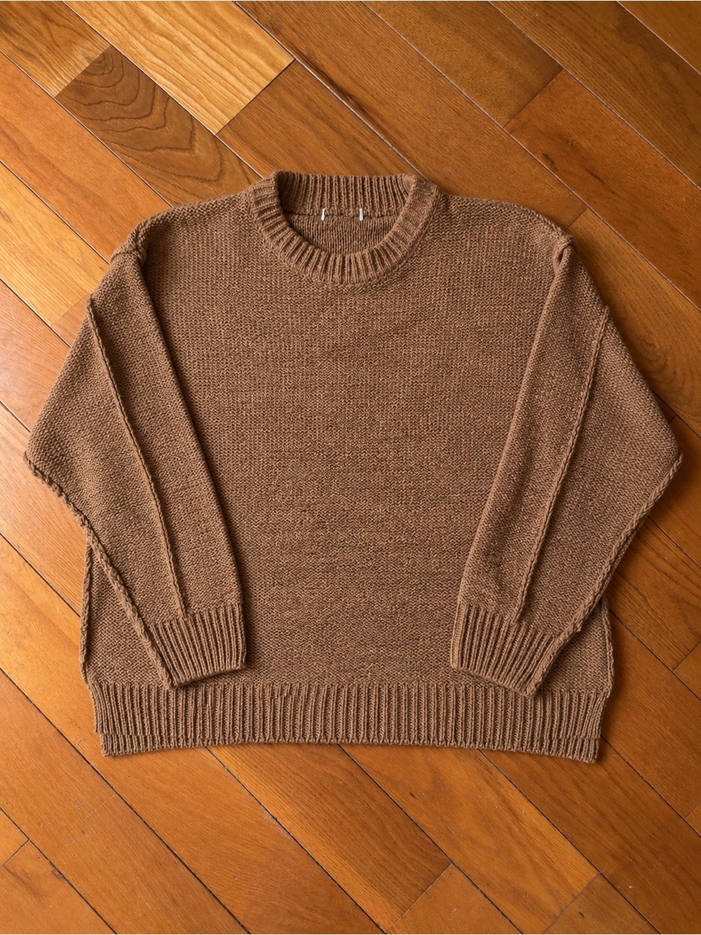 Brown Exposed Seam Relaxed Knit Crewneck Sweater